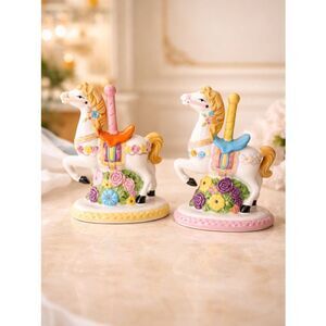 Vintage Pair of Handcrafted Merry Go Round Carousel Horses - Porcelain Ceramic